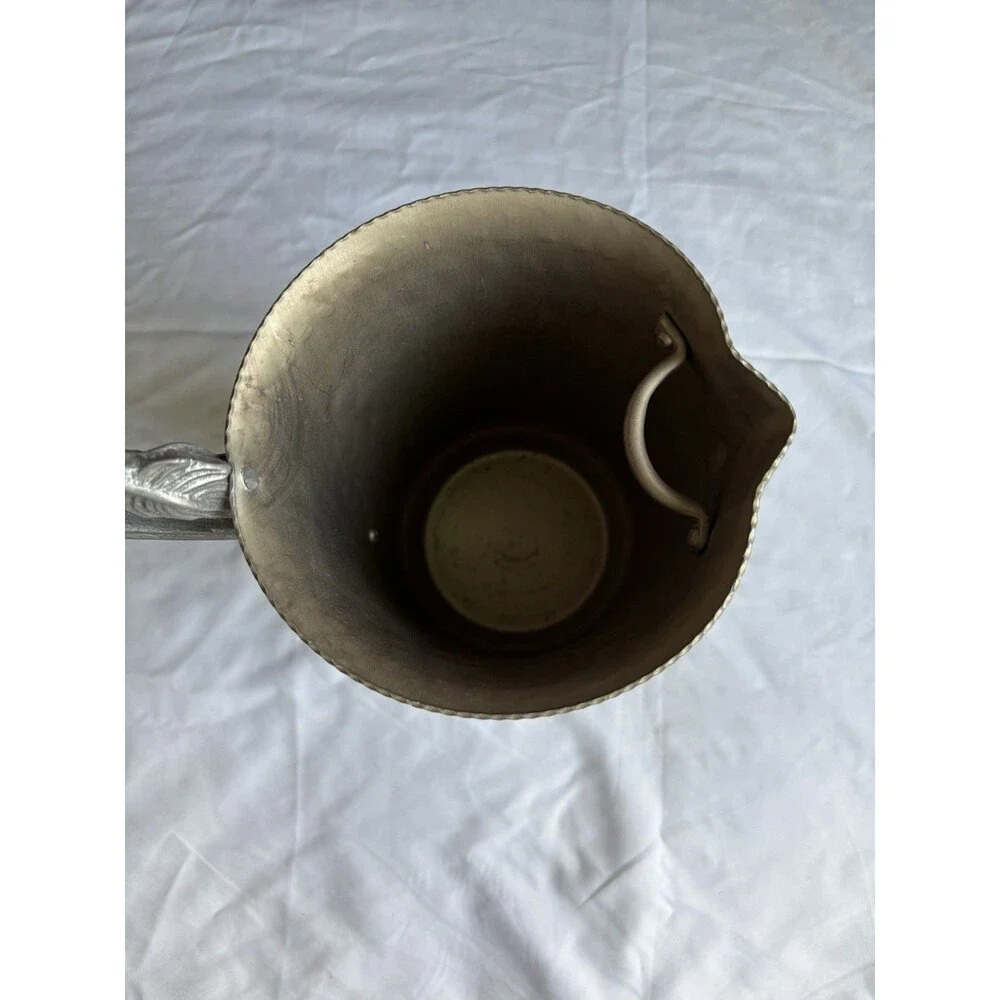 Vintage Hammered Aluminum Pitcher Leaf Pattern Handle With Ice Catcher